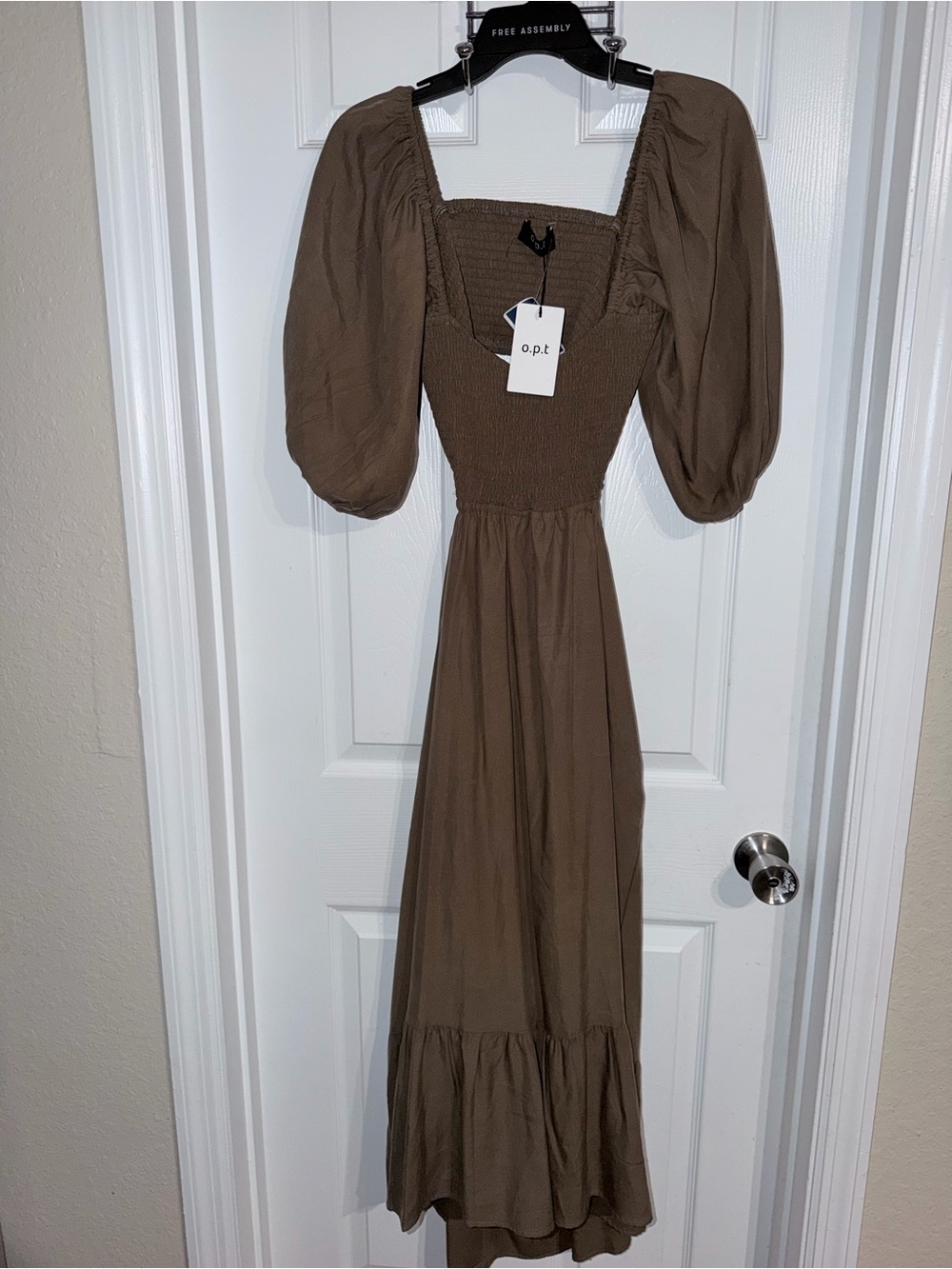 o.p.t. Brown Puff-Sleeve Maxi Dress with Smocked Bodice